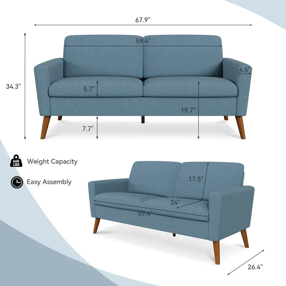 Sofá loveseat de 68 polegadas, sofás de assento profundo do século para móveis de apartamento, sofás confortáveis de dois lugares, linho azul