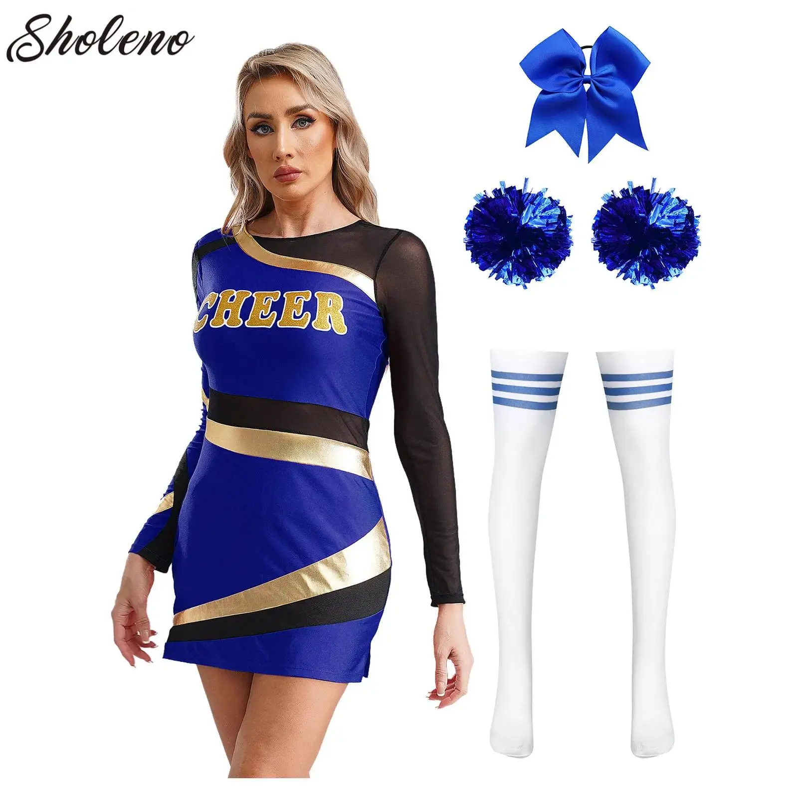 ชุดเชียร์ลีดเดอร์ของผู้หญิงชุดเชียร์ลีดเดอร์ชุดชุดแขนยาวเชียร์ลีดเดอร์พร้อมพู่ผูกผมถุงเท้าชุดเด็กนักเรียนชุดเต้นรำ