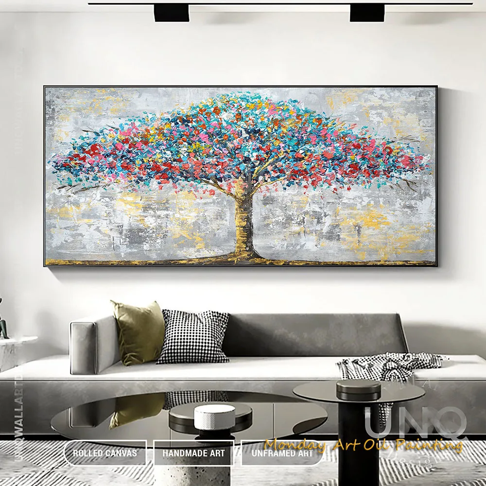 Abstract Hand Painted Oil Painting Blooming Colorful Tree On Canvas Original Plant Floral Artwork Landscape Bohemian Wall Decor