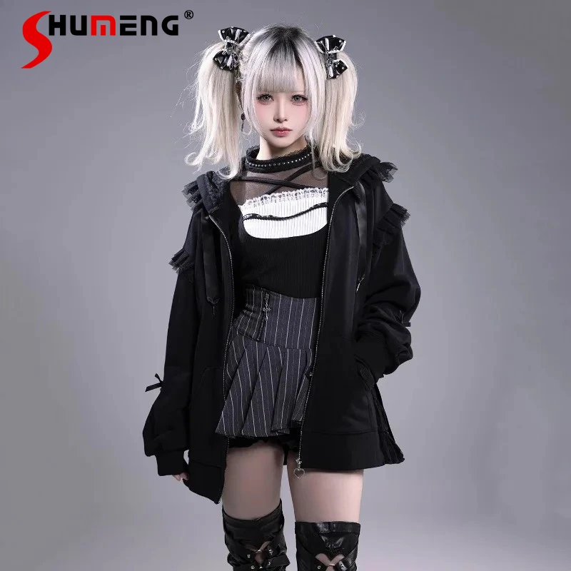 

Subculture Soft Girl Lace Hooded Sweatshirt With Zipper Long-sleeves Top Ladies Solid Color Jacket Japanese Rojita Sweet Hoodies