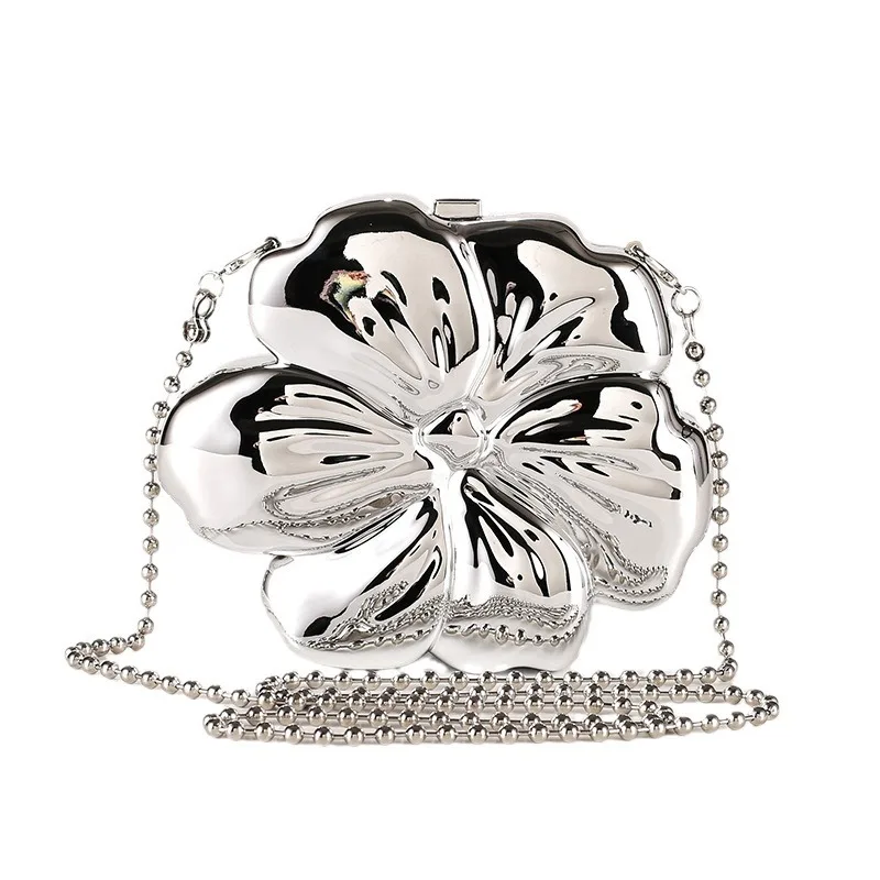 Metallic clutch bag flower shape metal mini women evening party cute shiny purse gold silver 2024 spring new