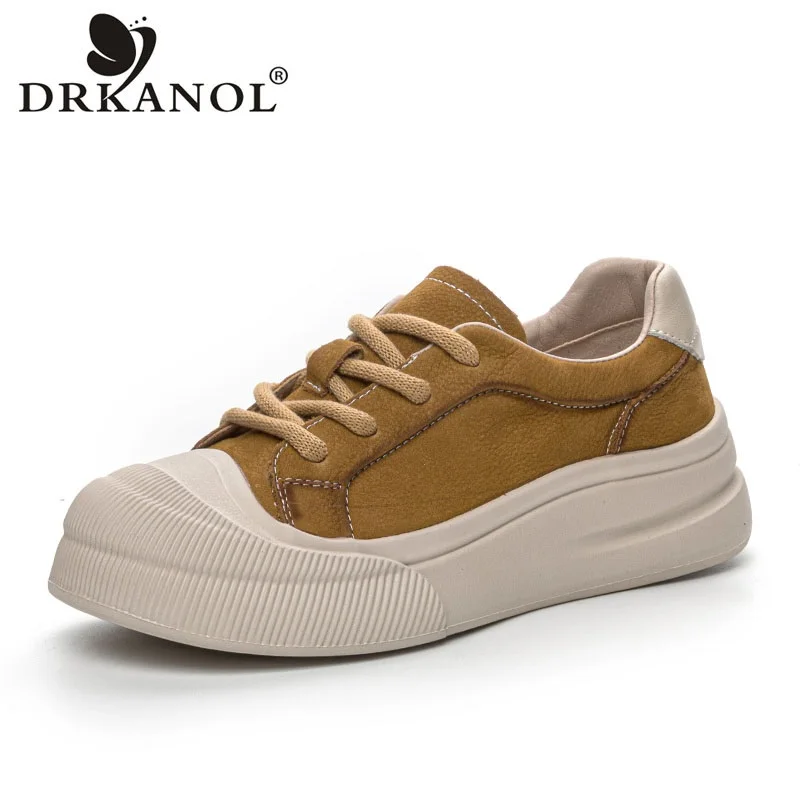 DRKANOL 2024 Spring Women Flat Platform Shoes Genuine Leather Lace-up Lightweight Casual Sneakers Trend Comfort Women Shoes