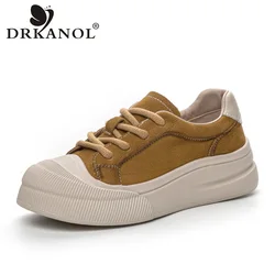 DRKANOL 2024 Spring Women Flat Platform Shoes Genuine Leather Lace-up Lightweight Casual Sneakers Trend Comfort Women Shoes