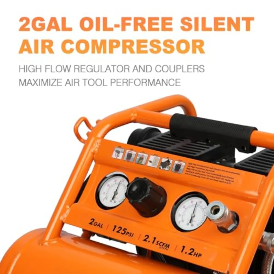Portable Air Compressor 2 Gallon 1.2 HP 2.1 SCFM@90 PSI OilFree with Max Pressure up to 135 PSI and 65 dB Silent Operation Idea