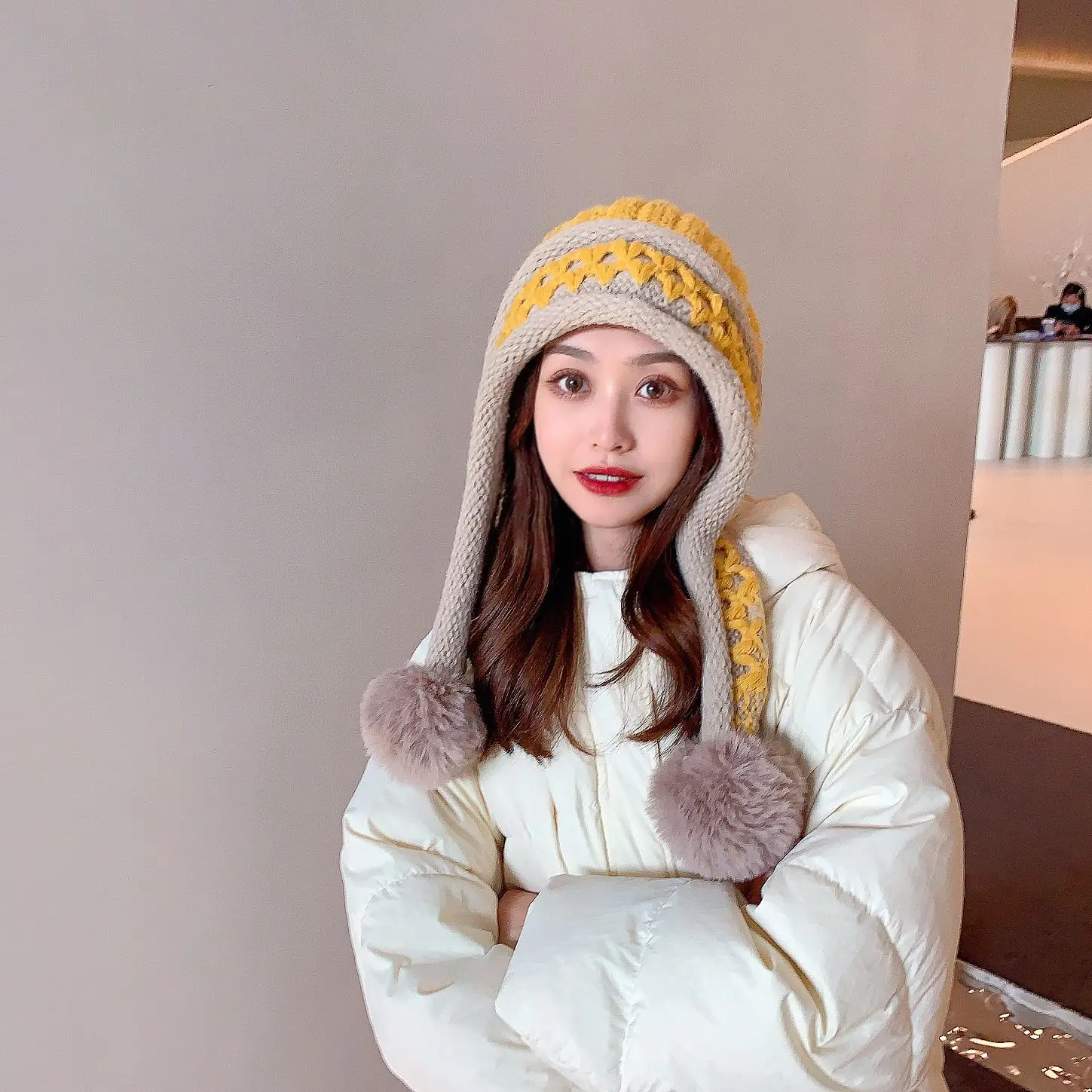 Women Winter Peruvian Cover Ears Beanie Hat Ear Flaps Sherpa Ski Snow Hats Knit Fleece Lined 3 Pom Pom