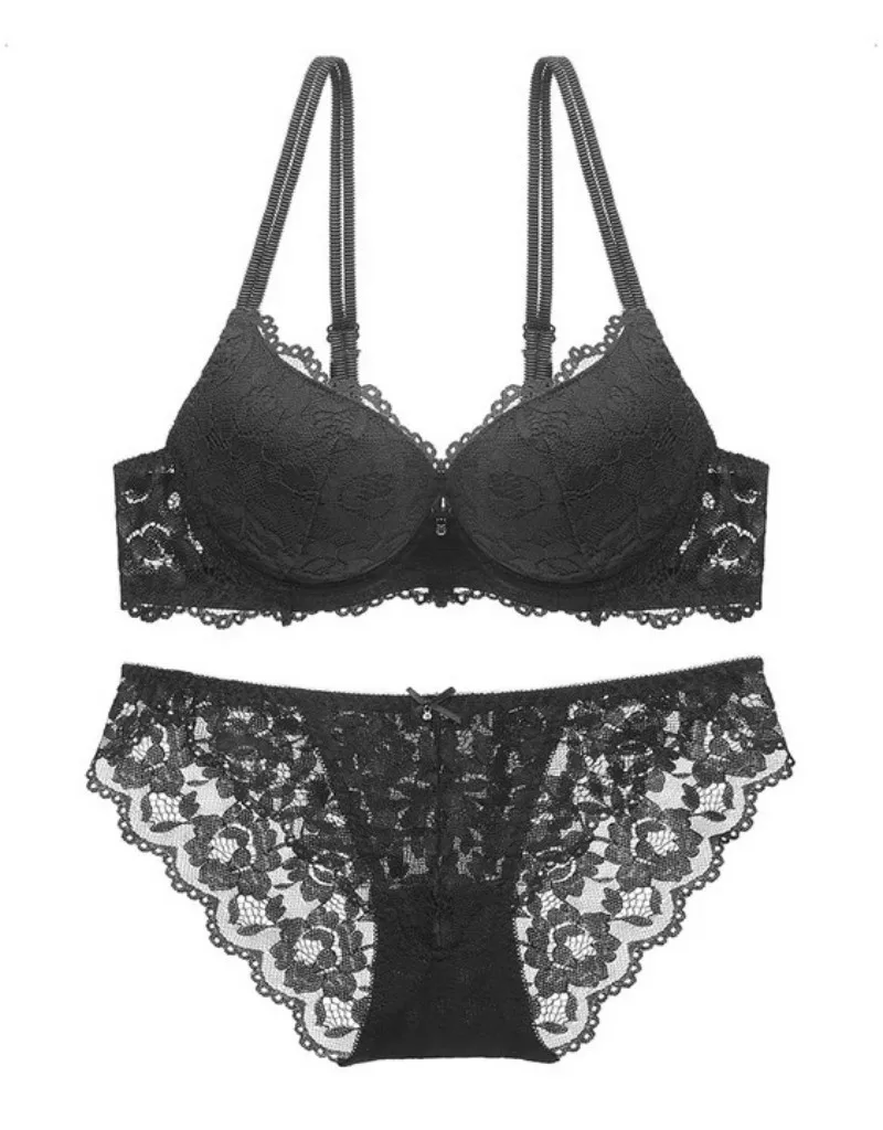 Hohles Spitzen-Blumen-Dessous-Set mit Schleife, gepolsterter Push-up-BH für Damen, geeignet für kleine Brüste, sexy BHs und Höschen.