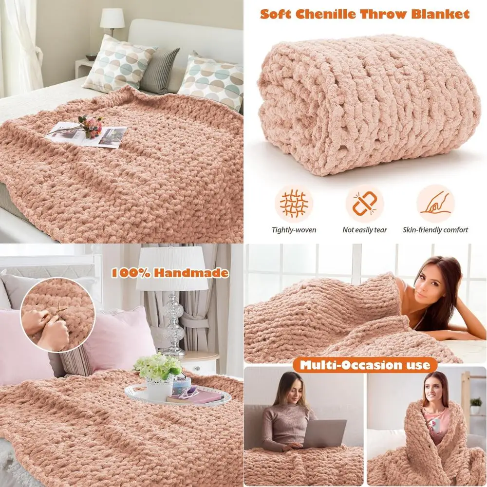 

Handcrafted Plush Cable Knit Chenille Blanket, 60x80 Inches, Pink, Ideal for Sofa or Bed