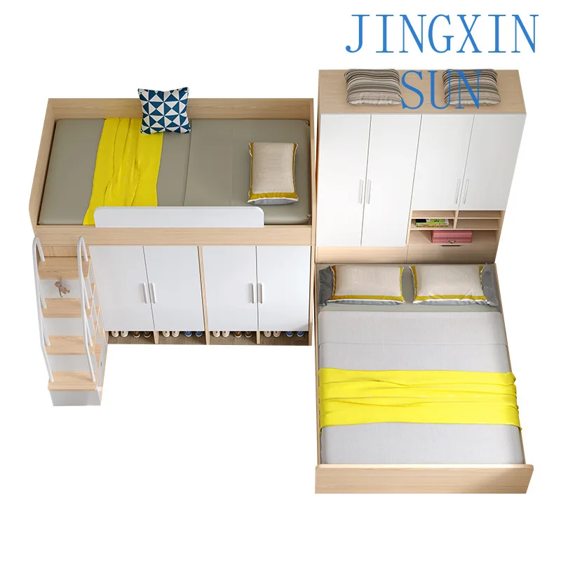 Children's Up and Down Bed for Small Apartments Double Layer Bunk Bed with Wardrobe Integrated Storage for Mother and Child