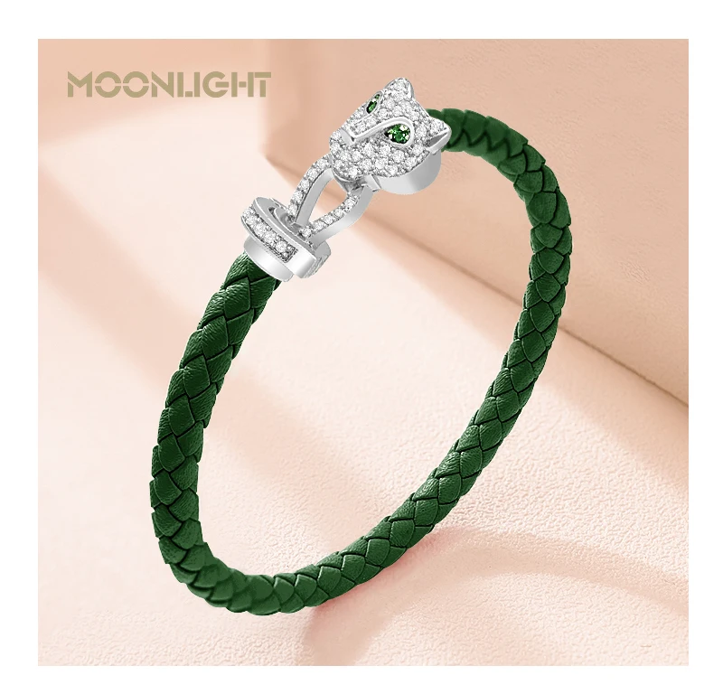 MOONLIGHT Classic Design Exquisite Cheetah Zircon Bracelet for Women Braided Leather Bracelet Quality Banquet Couples Gift