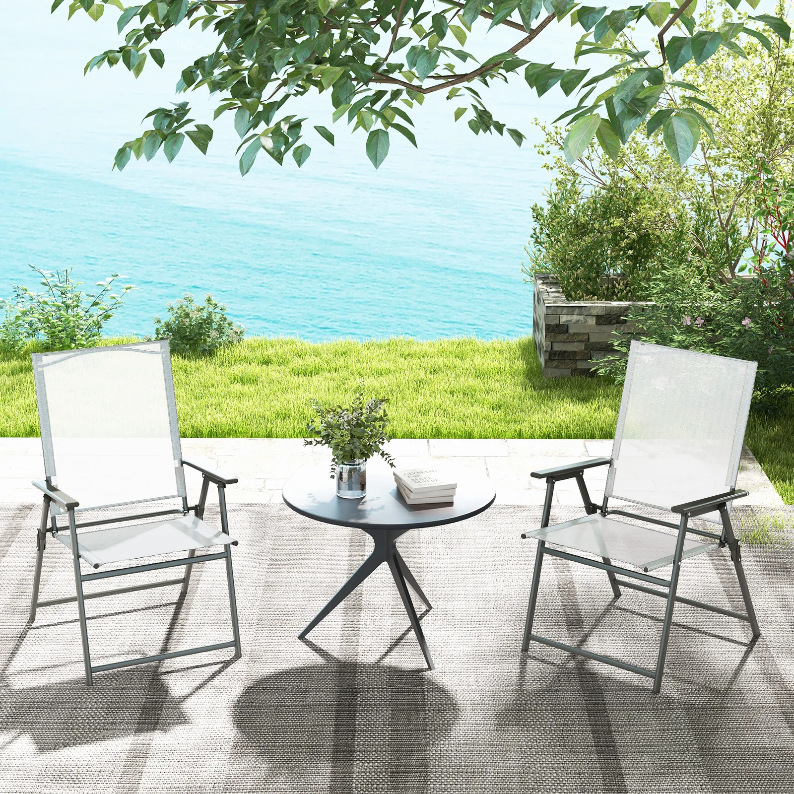 4er-Set Gartenstühle, Klappstühle mit wetterfestem Stoff, Balkonstühle mit Armlehnen, Terrassenstühle (weiß) – Detail 1