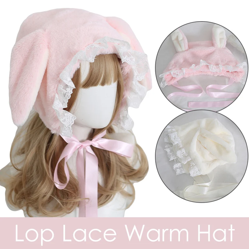 Japanese Style Sweet Fluffy Cute Lop-eared Rabbit Hat Lei Feng Hat Lace Lolita Earmuffs Cap All Match Plush Winter Warm Hat