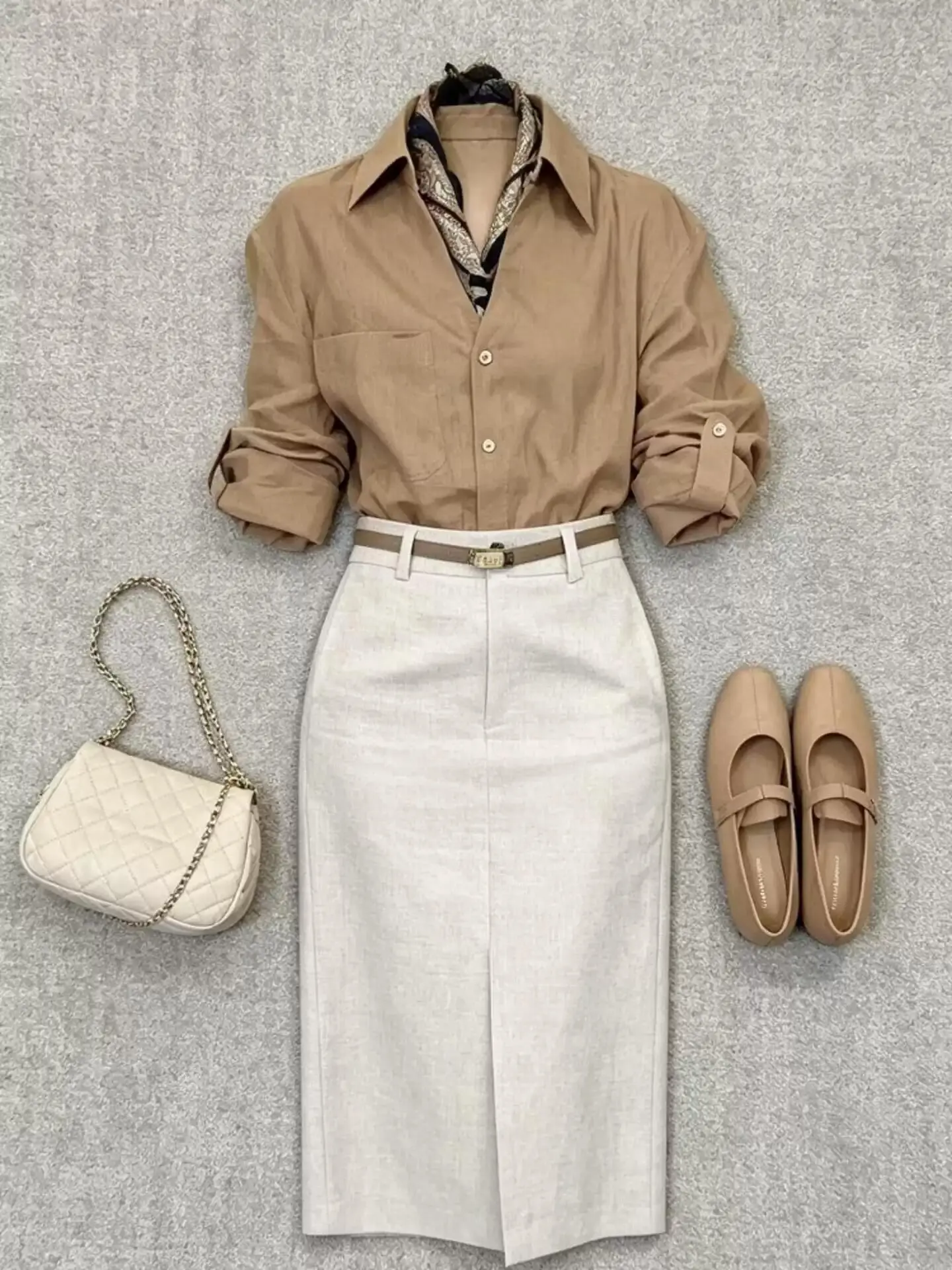 Khaki Linen Shirt And Skirt Set Elegant Miniature Style Loose Fit Summer Fashion Women's High Waist Uniform Casual Commute Wear
