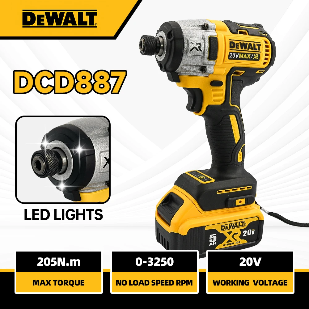 Dewalt Cordless Impact Electric Drill DCD887 Brushless Wireless Screwdriver 20V Lithium Battery Multifunctional Motor Power Tool