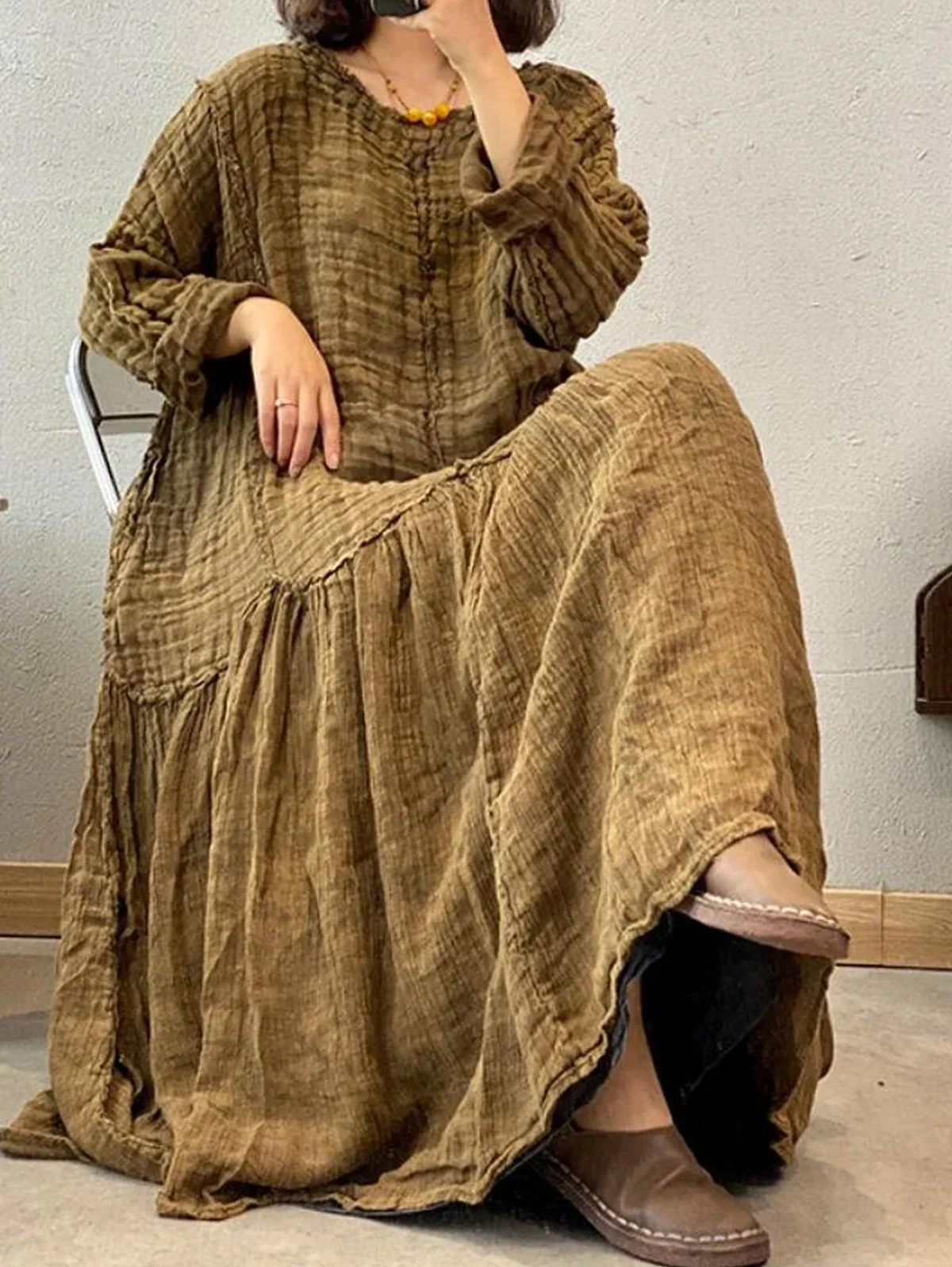 Summer Daily Maxi Dress Women O Neck Long Sleeve Maxi Vestido Elegant Folds Patchwork Raw Trim Loose Sundress Solid Robe Femme