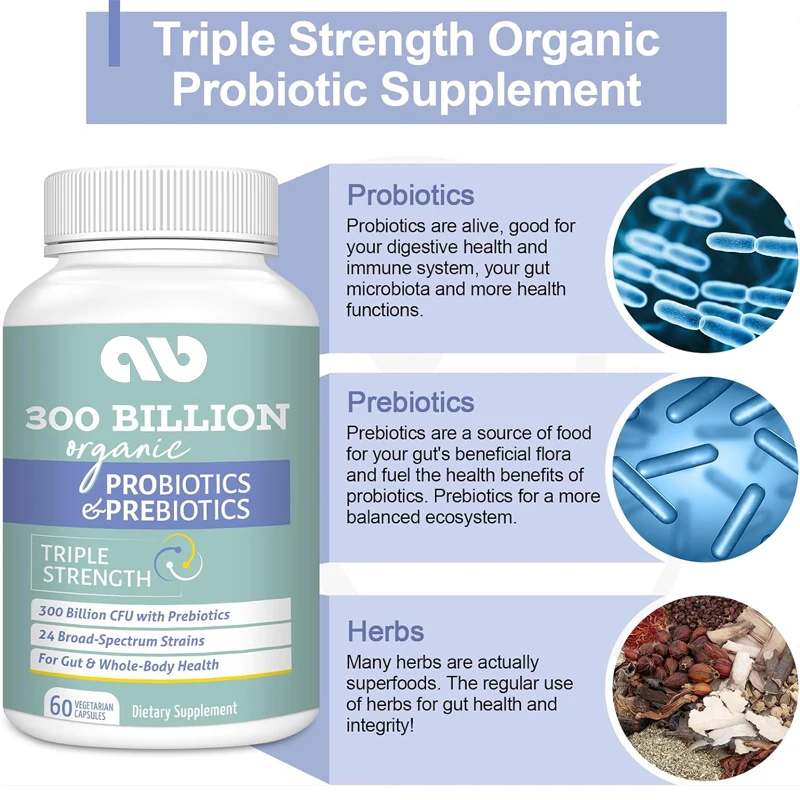 

300 billion CFU of male and female probiotics, 24 strains of probiotics, used for digestion, immunity, and overall health