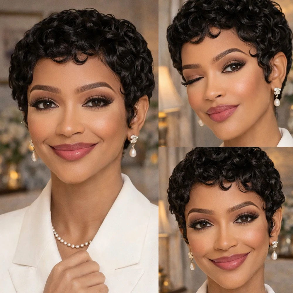 

Короткий парик из натуральных волос в стиле пикси, объемный волнистый короткий кудрявый парик темно-коричневого/черного цвета, естественный вид, для женщин, для повседневного использования