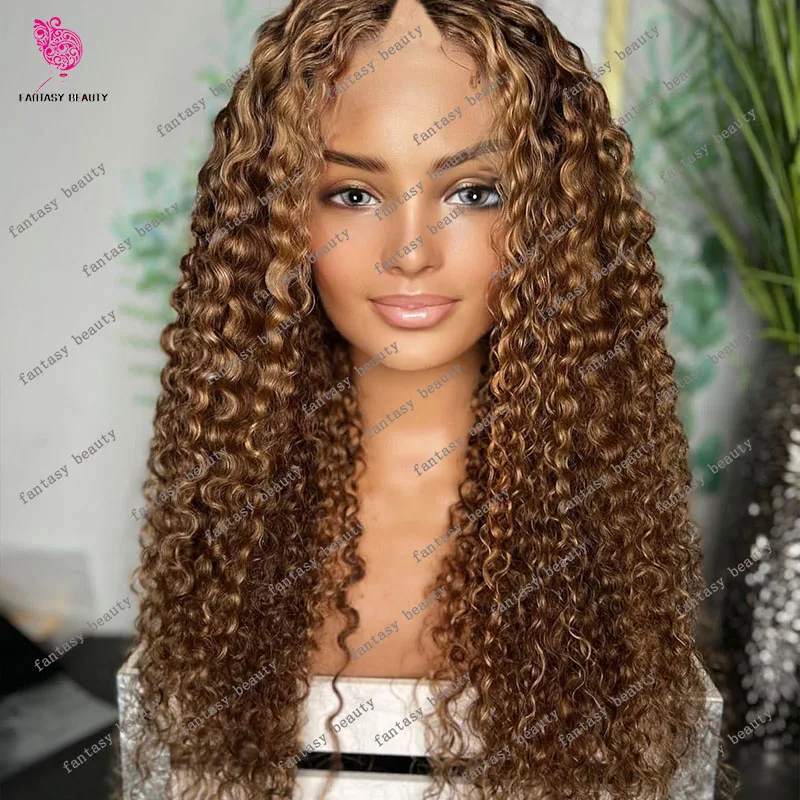 

Highlights Honey Golden Blonde Bouncy Curly V Part Wig 100% Human Hair 250%Density Chocolate Chentust Brown U Shape Wig Full End