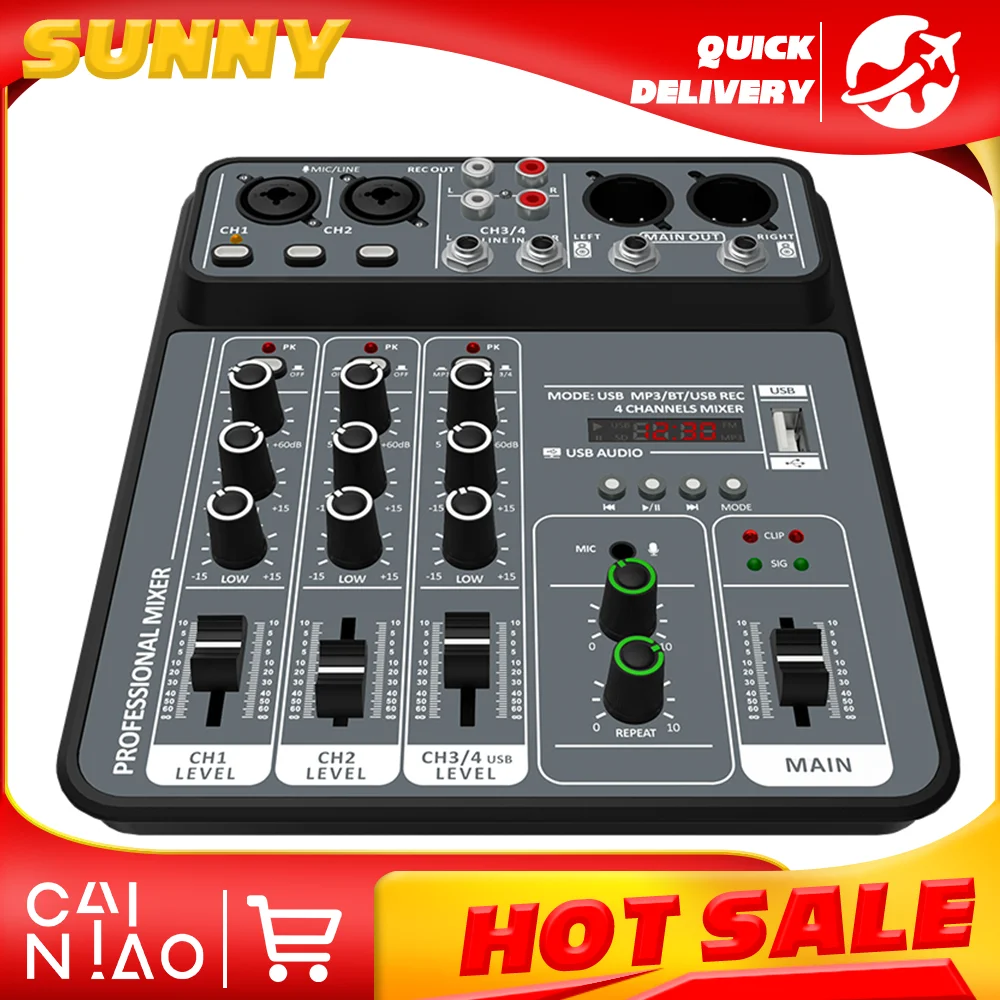 Audio Mixer 4 kanaals Dj Mixing Console Met Bluetooth 48 V Fantoomvoeding Monitor Karaoke Systeem Usb Mixer Audio