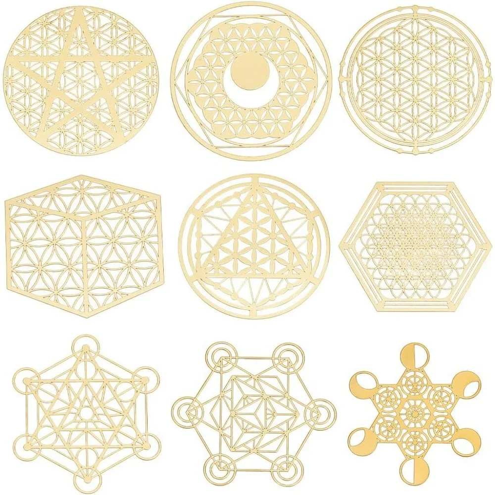 9Pcs Sacred Geometry Stickers Flower of Life Decals Stickers Gold Metal Energy Tower Material for DIY Scrapbooks making kit