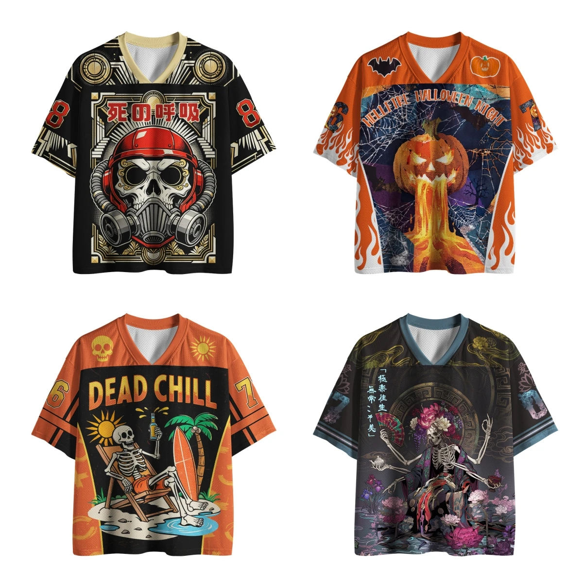 Skull Collection Japanese Halloween Skeleton Graphic Jersey Men Women Kids Unisex Plus Size Vintage Oversized Short Sleeve Tee