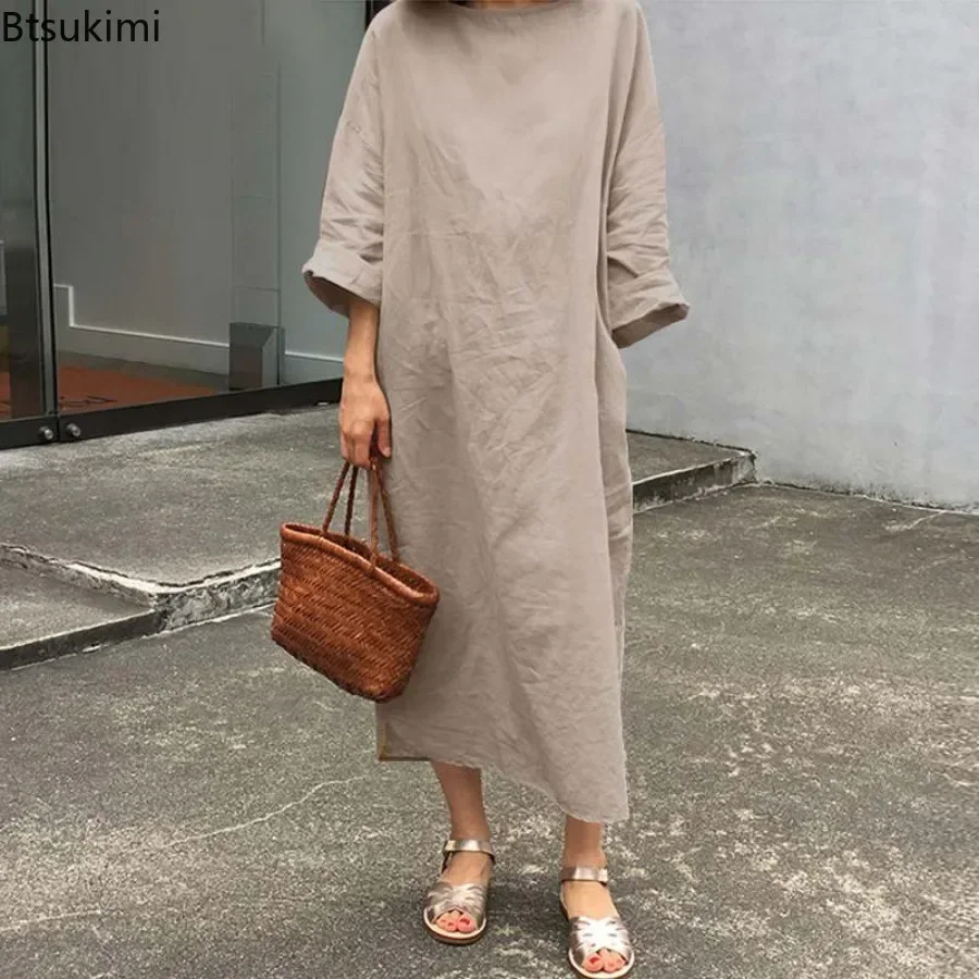 2025 Literature Casual Dress for Women Fashion Solid O-neck Long-sleeved Cotton Linen Maxi Dress Women Loose Dress Plus Size 5XL