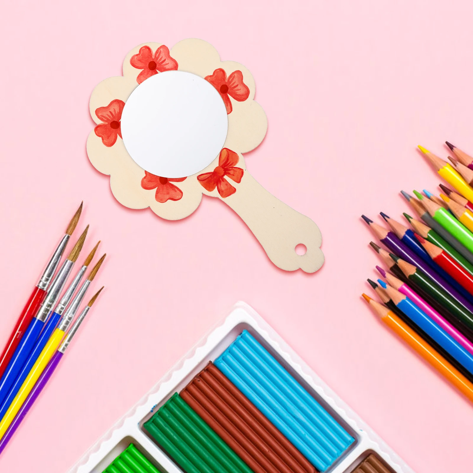 

10pcs Wooden Mirror H held Crafts Kids Educational Toy Unfinished DIY Makeup Accessories Household Mirror Arts