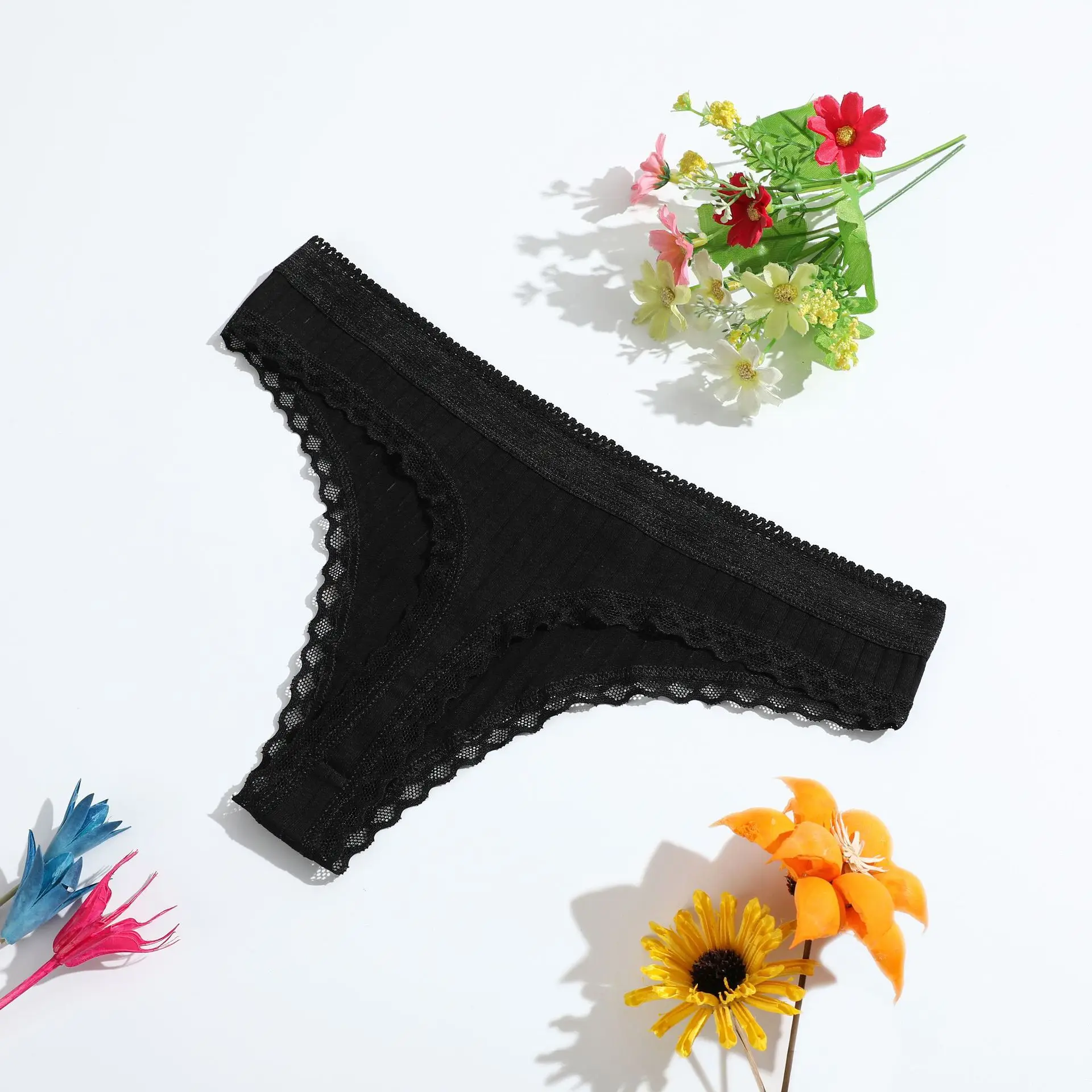 1PC Cotton Thongs Sexy Low Waist G-string Underwear Women Lace Trim Panties Ladies Bikini Underpants Female Briefs Lingerie M-XL