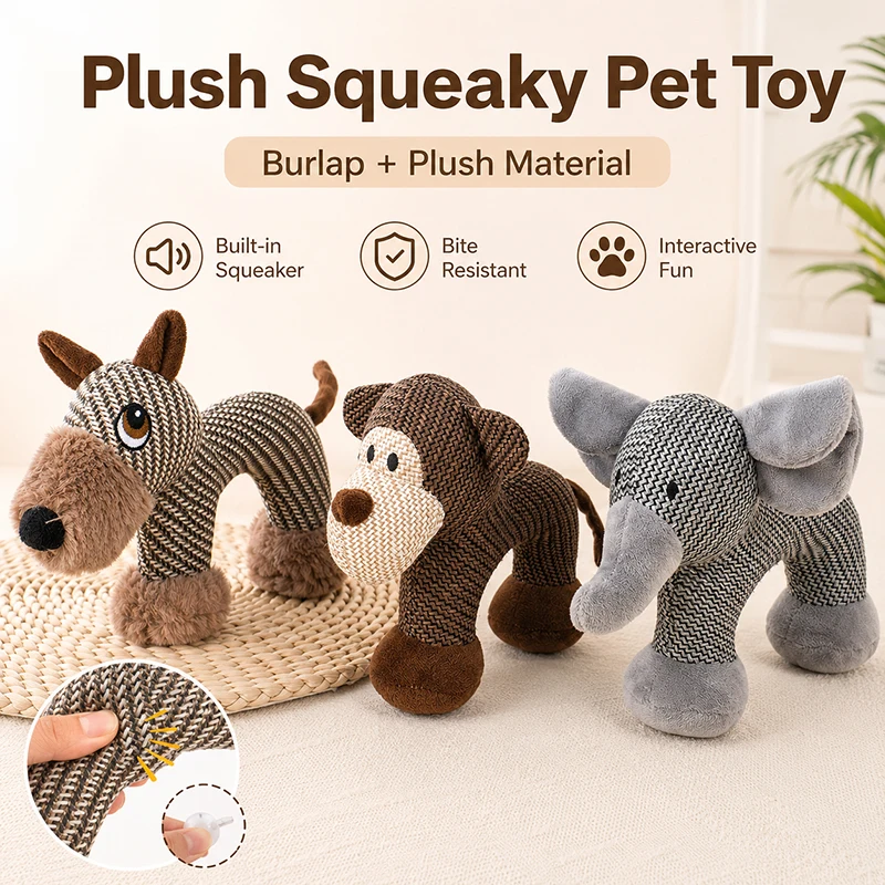 Plüsch-Quietschspielzeug für Hunde, bissfestes Jute-Plüschtier, Elefant/Affe, interaktives Spaß-Haustierspielzeug für Hunde