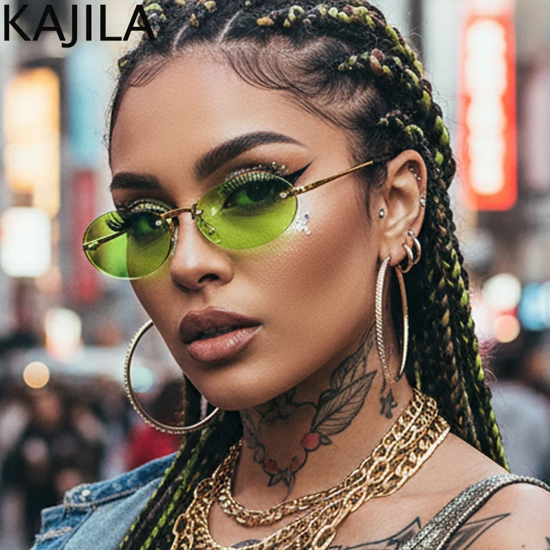 

Retro Oval Metal Rimless Punk Sunglasses Women 2025 Luxury Brand Fashion Small Frame Steampunk Sunglass For Ladies Shades UV400
