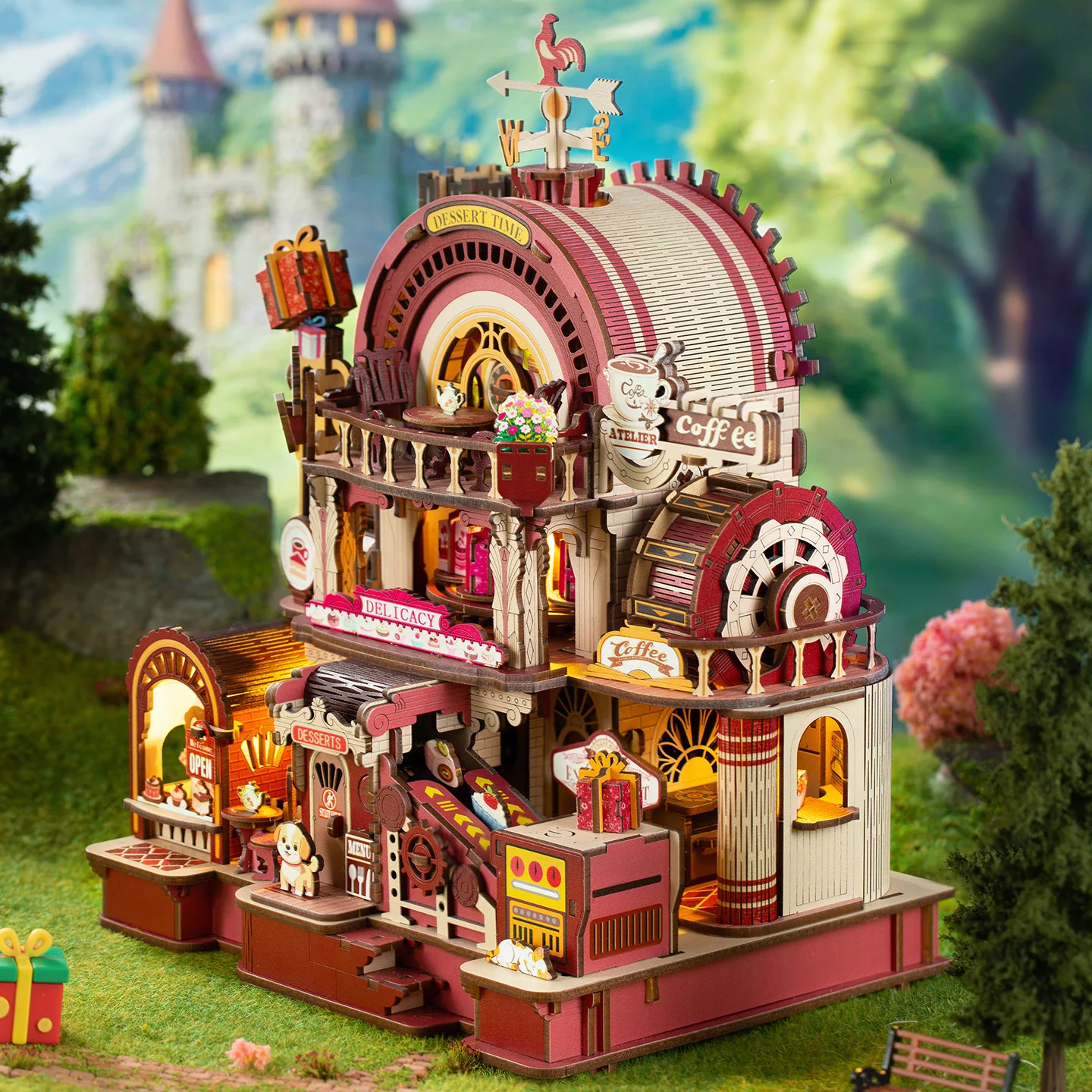 DIY Wooden Mechanical Rotation Dessert Atelier Miniature Building Kits Doll Houses Furniture Casa for Friends Birthday Gifts