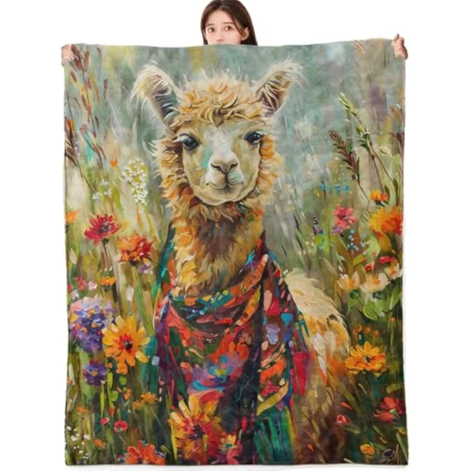 

Colorful Llama Floral Art Flannel Blanket Lightweight Throw for Couch Chair Home Decor Soft Gift
