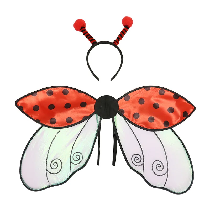 2 piece set Yellow Bee Red Ladybug Cosplay Wings Halloween Girls Bee Headband Wings Funny Dress Fairy Props Set for Kids Adult