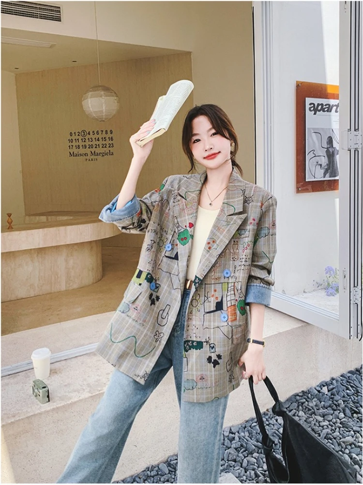 Onecozyday 2025 Primavera e autunno Giacca casual ampia da donna nuova Giacca di media lunghezza Cappotto con stampa graffiti Abbigliamento quotidiano Capispalla