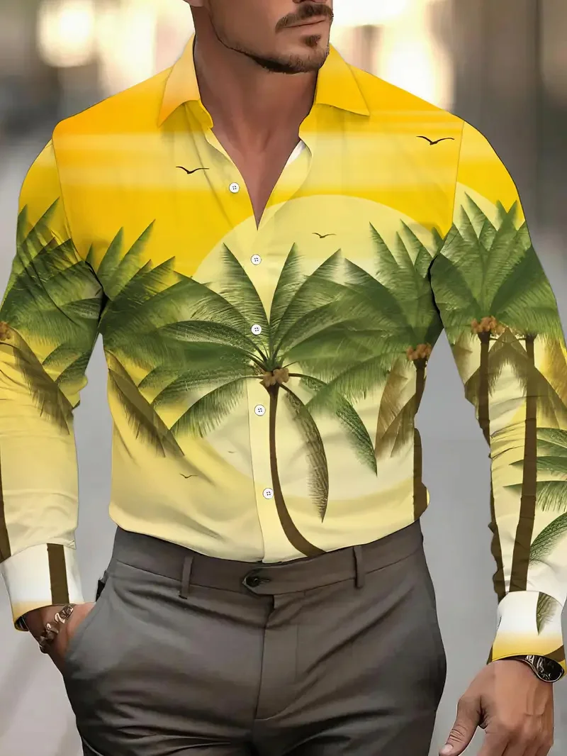 

Мужская рубашка с длинным рукавом, повседневная модная дышащая рубашка с растительным принтом, повседневная деловая рубашка, рубашка с длинным рукавом, воротник с клапаном