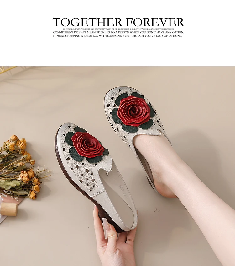 Neue große Blumen-Sandalen aus Rindsleder für Damen, Sommer-Mules mit Cut-Outs, niedrige Absätze, Retro-Luxus-Slipper-Sandalen, Slip-On-Schuhe für Damen – Detail 8