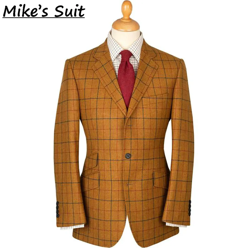 Men Tan Windowpane Check Tweed Wool Blazer Single Breasted Vintage British Country Sport Coat