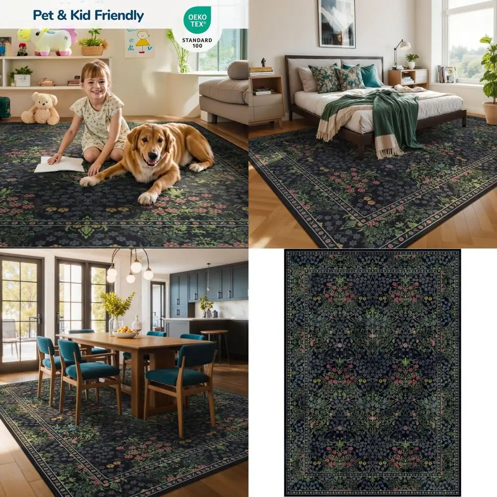 

Elegant Black Green Washable 8x10 Rug, Bohemian Chic for Living Room, Bedroom, Dining Area, and Office, Vintage Floral Design In