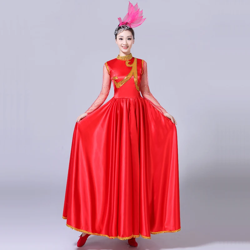 New  Adult Female Long Dress Woman Show Costume Opening Dance Large Swing Dress Chorus Performance and Spanish Dance Wear Red