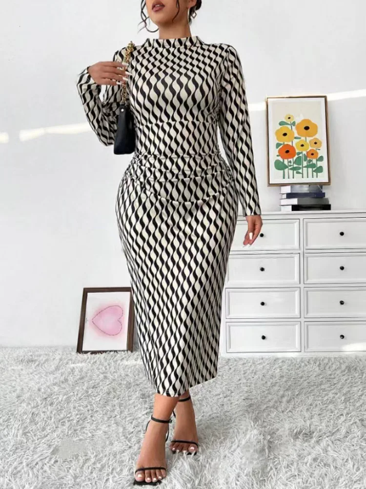 GIBSIE-Vestido Bodycon de manga comprida com gola em pé feminino, vestidos longos femininos, estampados elegantes, sexy, plus size, escritório, outono, novo, 2022