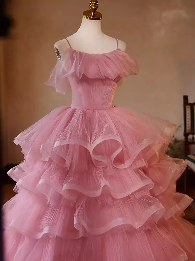 Vestido De princesa con hombros descubiertos para niña, traje De graduación, fruncido, falda escalonada, largo, quinceañera, fiesta De cumpleaños, 15