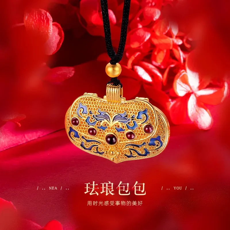 

9999 Real Gold 24K Ancient Filigree Hollow Enamel Bag Pendant Gold Ethnic Wind Filigree Burning Blue Can Be Opened Bag Pendant