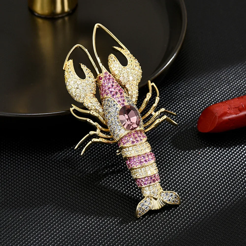 Vintage Rhinestone Shrimp Brooch Women Sparkling Animal Insect Crayfish Badge Casual Party Banquet Brooches Lapel Pins Gifts