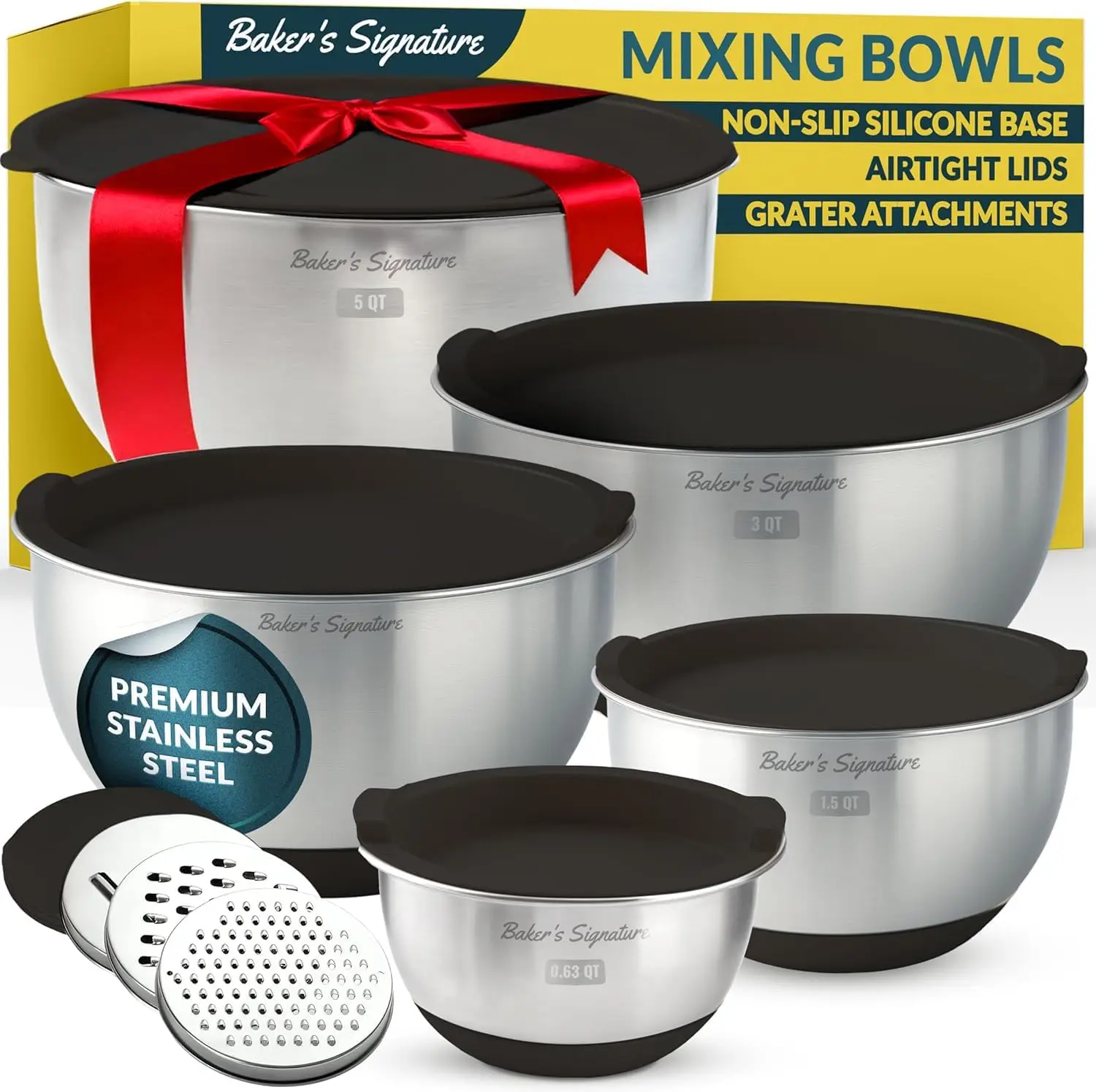 

Stainless Steel Mixing Bowls with Lids Set, 5 Sizes, 3 Graters, Non-Slip Base, Airtight Lids, Metal Mixing Bow