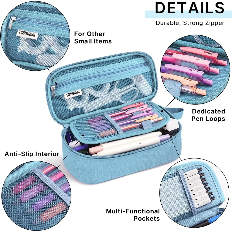 حقيبة مقلمة كبيرة للفتيات والأولاد ذات سعة كبيرة من القماش حقيبة أقلام رصاص للمكتب والكلية والمدرسة متعددة الأقسام وسحاب أدوات مكتبية