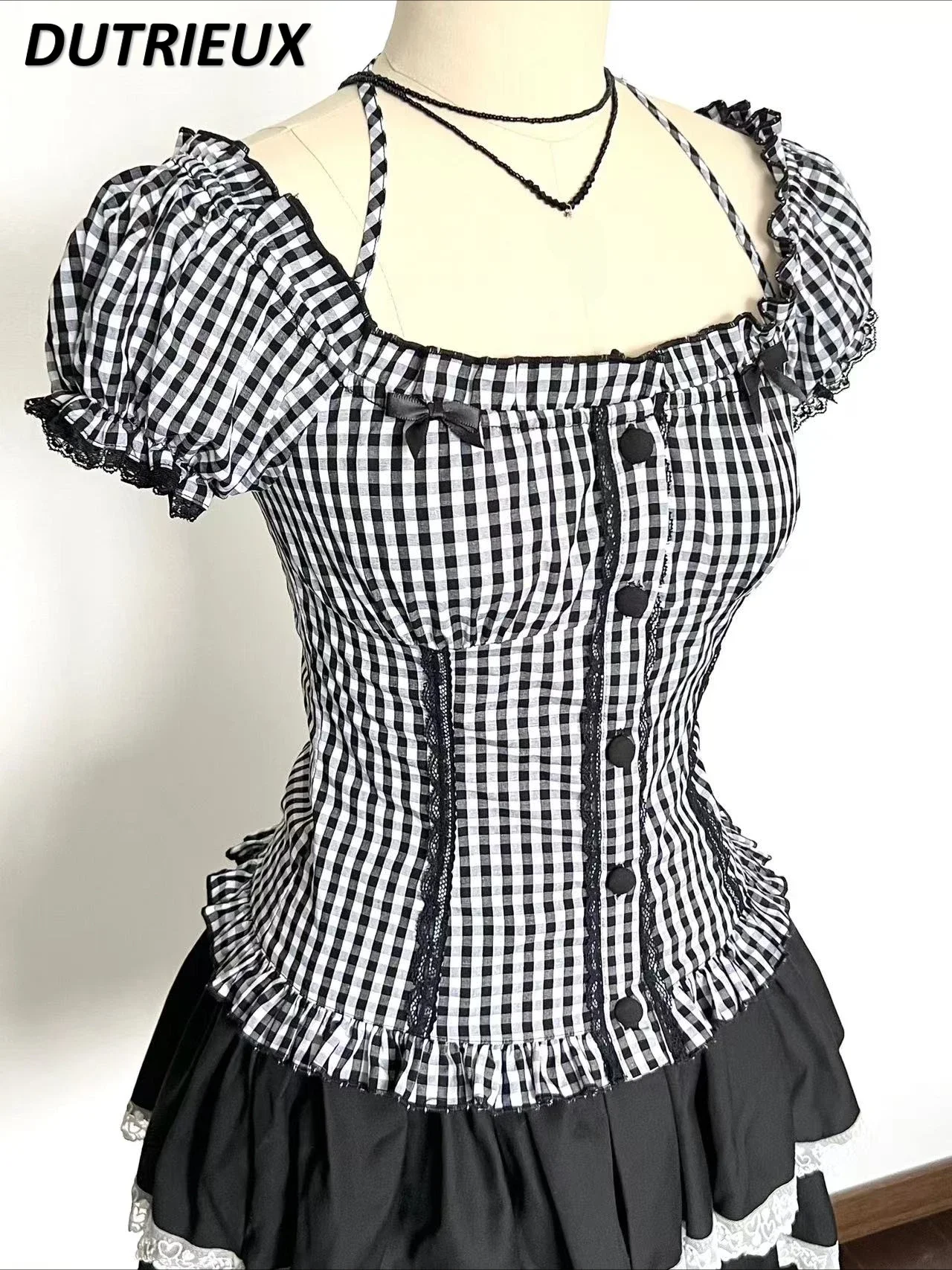 

Japanese Original Summer New One-word Collar Neck Slim Plaid Short-sleeved Top Suit Sweet Cute Girl Versatile Short Cake Skirt
