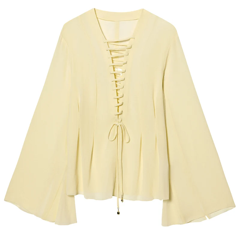 

Women 2025 Summer Yellow Shirt Lace-up Blouse With Bells Loose Casual V- Neck Long Sleeve Shirt Elegant Chiffon Chic Tops