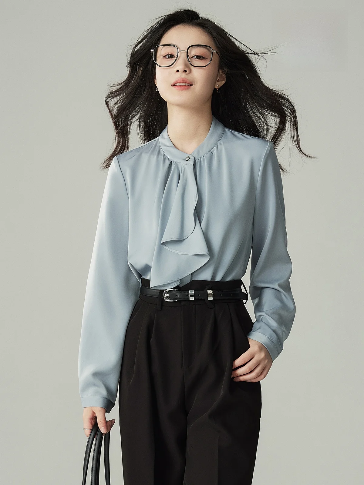 

Yake Home Version Upgrade 20 Blue Asymmetrical Sash Shirt Women's Spring Autumn High-End Commute Professional Blouse
