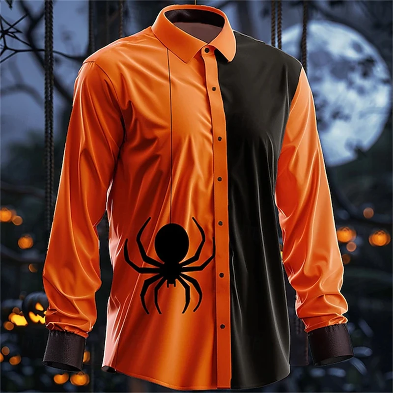 Halloween 3D Printed Men's Long Sleeve Shirt Autumn And Winter Neutral Orange Series Fashion Casual Party Oversized Button Shirt