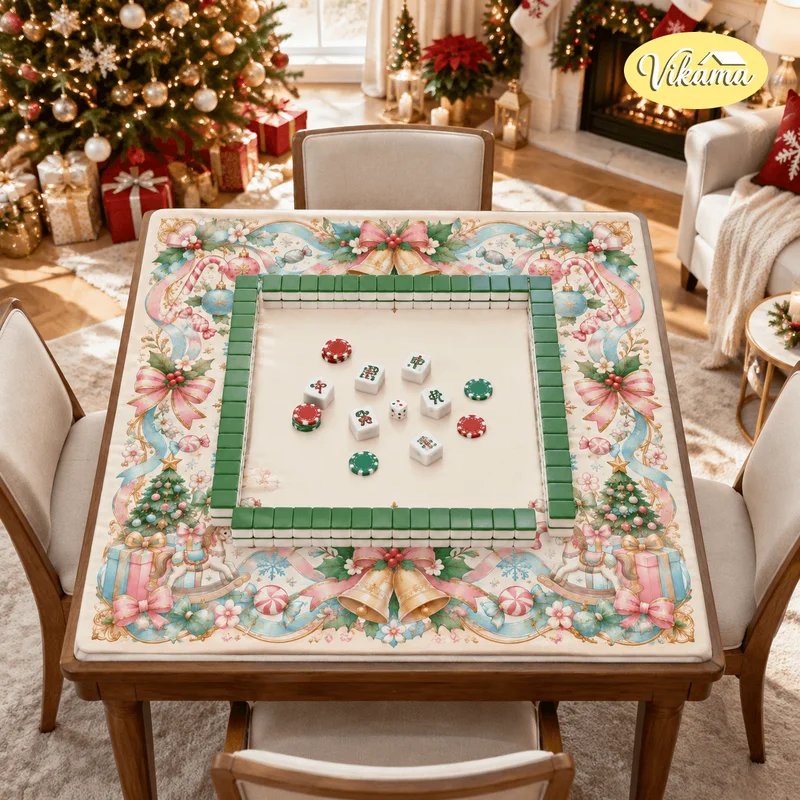 VIKAMA Christmas Bells Nutcracker Mahjong Mat Non Slip Washable Table Cover for Family Game Night Dining Room Holiday Home Decor