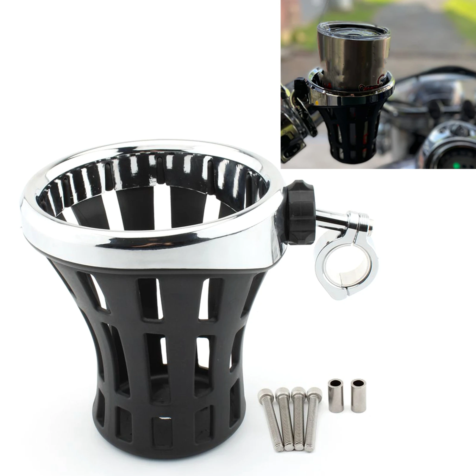Handlebars Drink Water Cup Holder W/ Mesh Basket Mount Hanger For 22mm-25mm Modified Fixed Motorcycles